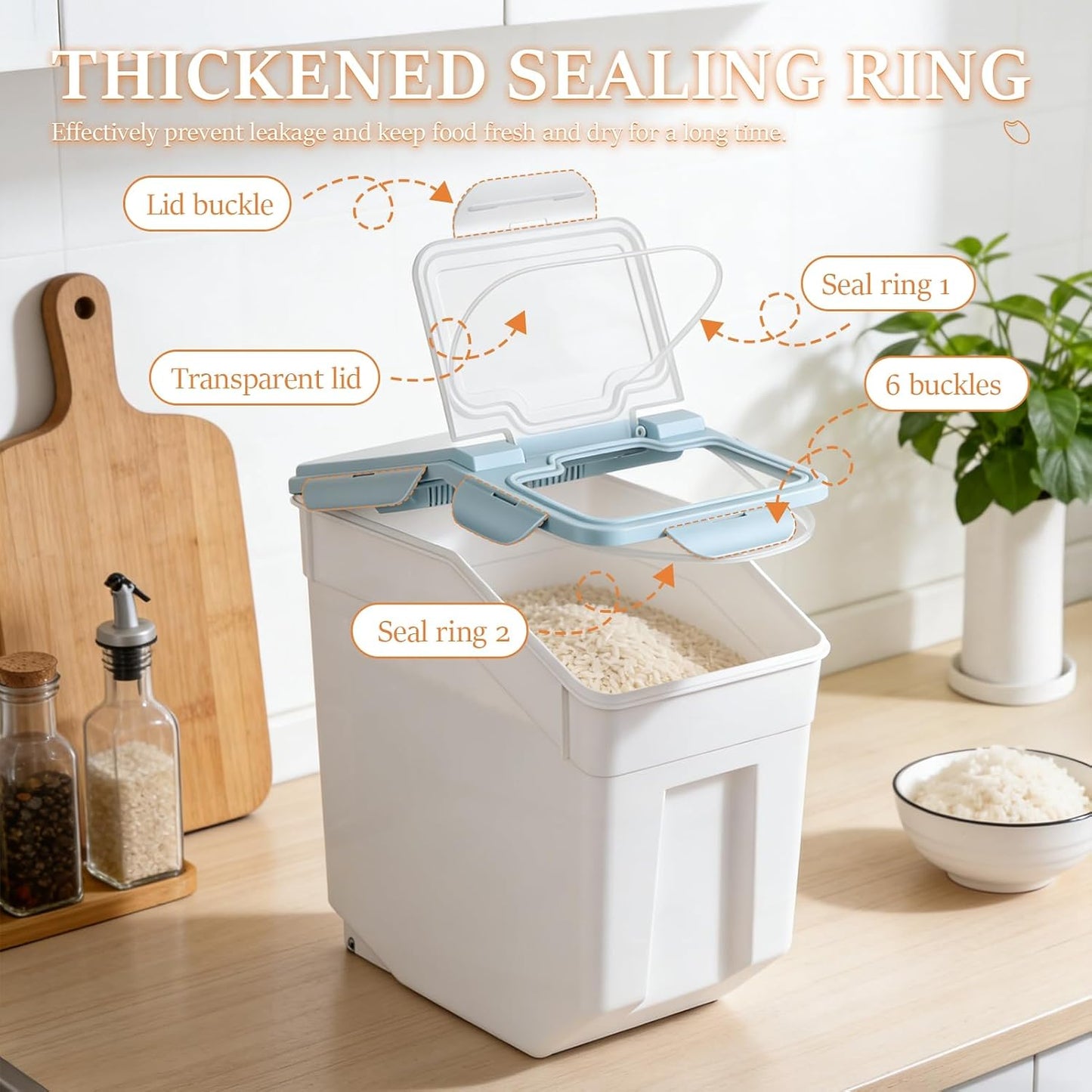 2 Pack Airtight Food Storage Containers 55lbs, Large Flour and Rice Storage Bins with Locking Lid & Wheels, 25kg Dog Cat Pet Food Container with Measuring Cup for Kitchen Pantry Organization