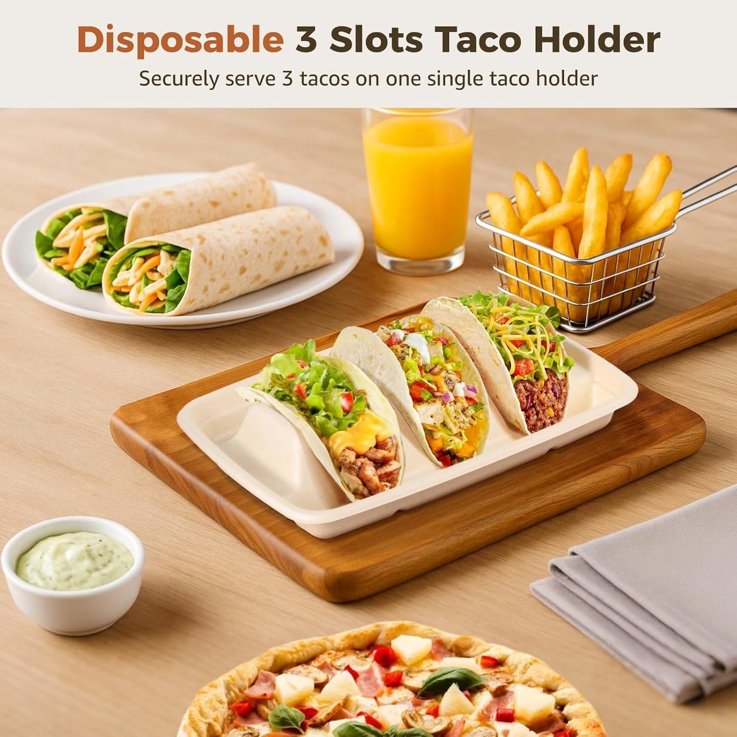 150 PCS Disposable Taco Holders, 3-Slot Bagasse Pulp Taco Plates, Plant Fiber Taco Stands with Dividers, Taco Tuesday Serving Trays for Tacos, Sandwiches, Hot Dogs, Pancakes