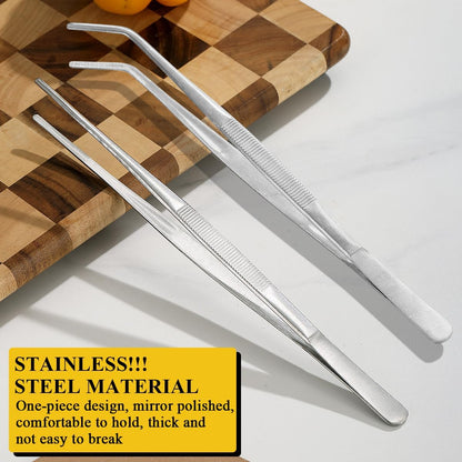 Berglander Kitchen Tweezers Tongs 2pcs, 12" Extra-Long Stainless Steel Metal Heavy Duty Cooking Tweezers for Chef, Serving Food, Grill, Culinary, Pasta, Salad, BBQ