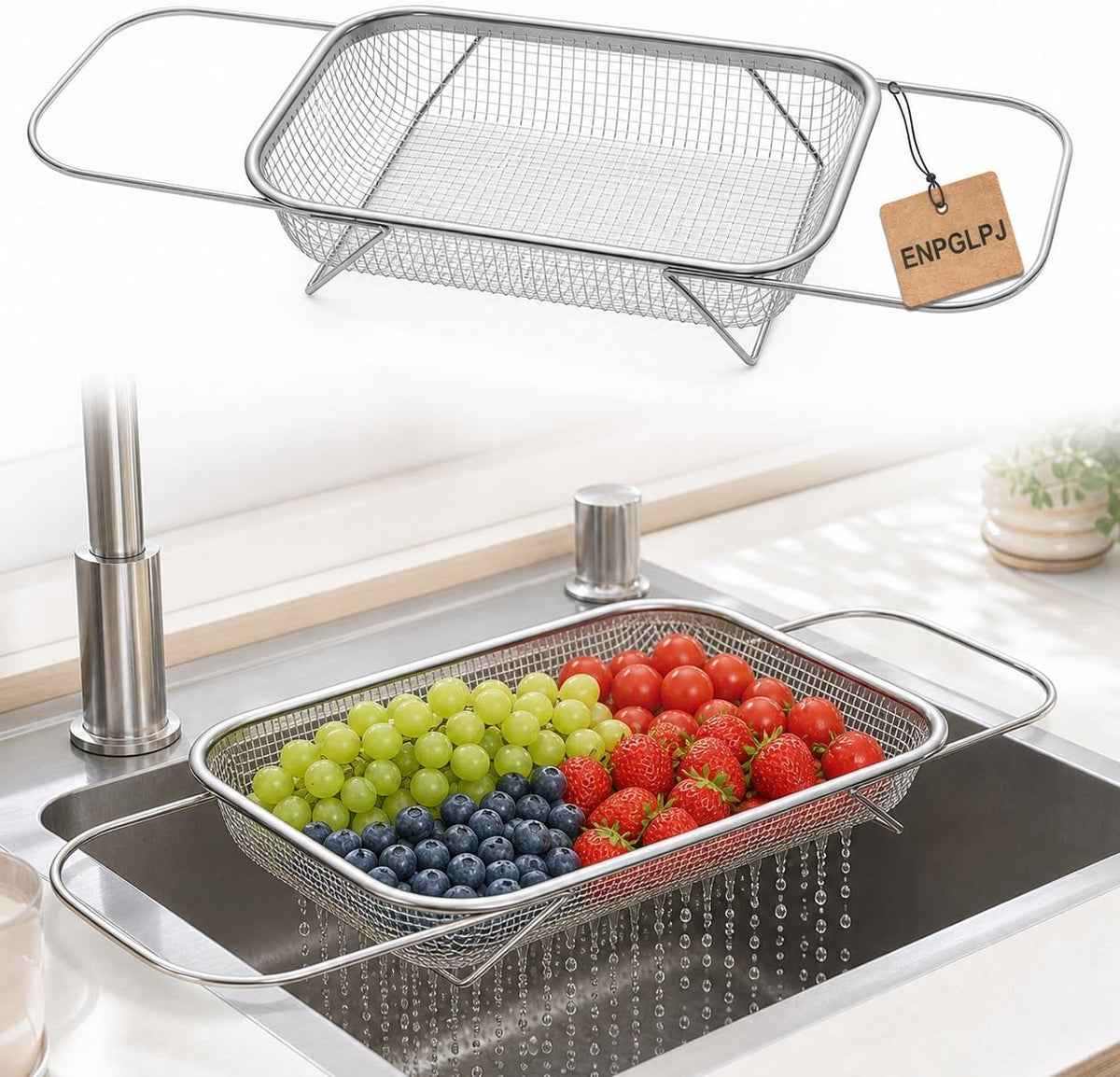 Stainless Steel Expandable Over-The-Sink Colander Basket Mesh Strainer