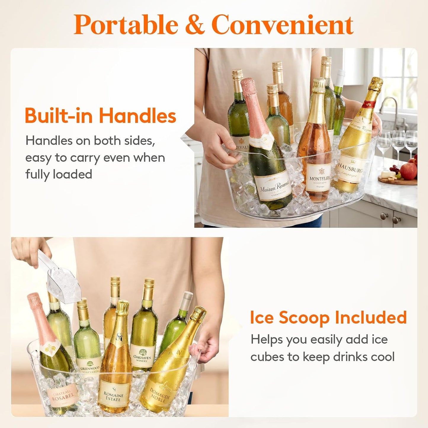 Lifewit 11.5L Ice Bucket for Parties 2 Pcs, Large Portable Drink Bucket for Cocktail Bar, Champagne Cooler for Beverage/Wine/Beer, Mimosa Bar Supplies Chiller Tub with Scoop 38 x18x20 cm/15x7x8 inches
