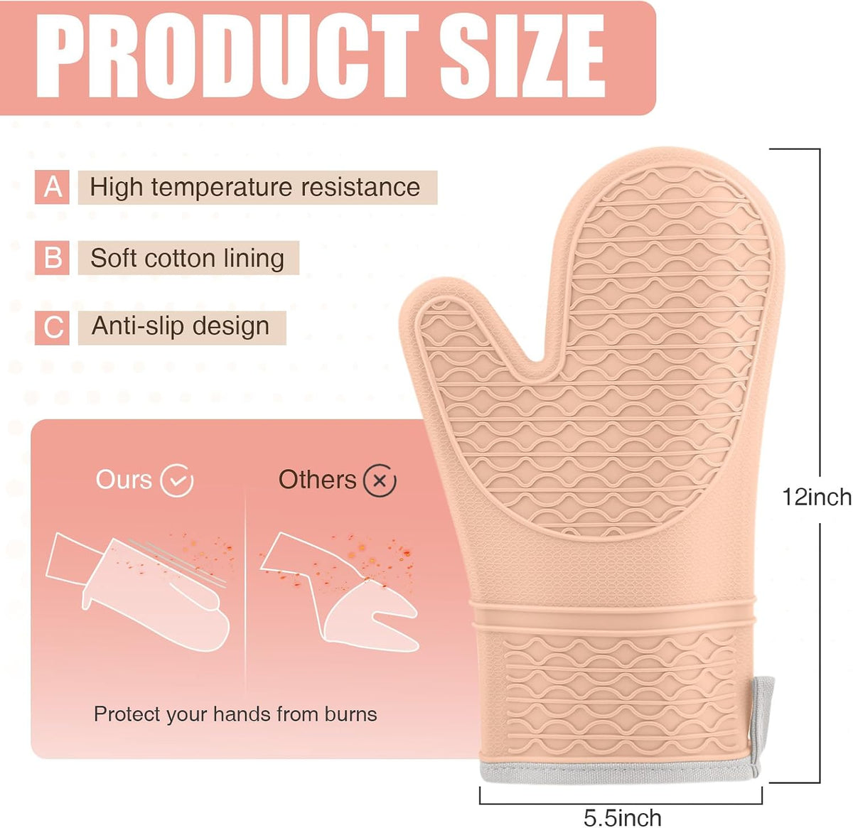 Silicone Oven Mitts, Heat Resistant 2PCS Oven Mitts with Soft Cotton Lining, Waterproof Non-Slip Grip Oven Glove, Kitchen Potholder Mits for BBQ, Baking, Cooking, 12.5 Inch - Grey