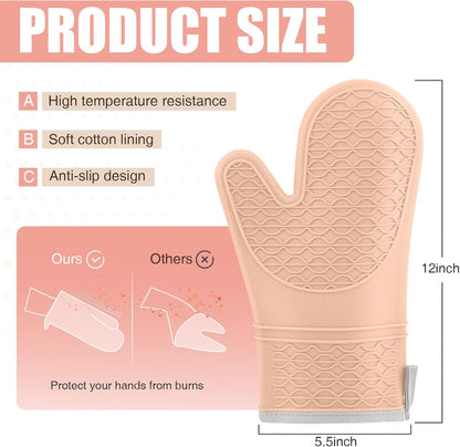 Silicone Oven Mitts, Heat Resistant 2PCS Oven Mitts with Soft Cotton Lining, Waterproof Non-Slip Grip Oven Glove, Kitchen Potholder Mits for BBQ, Baking, Cooking, 12.5 Inch - Grey