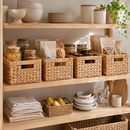 Water Hyacinth Storage Baskets for Shelves Set of 4 — Wicker Baskets for Storage and Organizing, Woven Shelf Baskets with Handles for Pantry, Kitchen, Bathroom and Bedroom, 13" x 8.25" x 7"