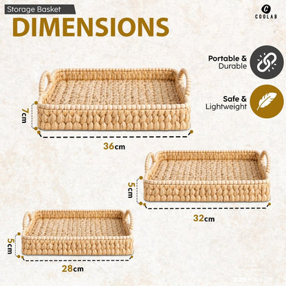 Set of 3 Beaded Hand-Woven Water Hyacinth Storage Baskets – Rectangular Wicker Baskets for Organizing Shelves, Pantry & Home Decor – Eco-Friendly Basket Storage with Sturdy Handles