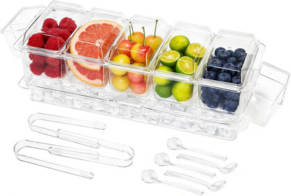 IVYHOME Chilled Condiment Server, Fruit Ice Serving Platter for Parties, Condiment Pots, Taco Bar Serving Set, Chilled Food Containers (Octagonal)