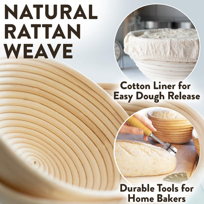 Complete Bread Proofing Baskets Set with 9 in and 10 in Banneton Basket