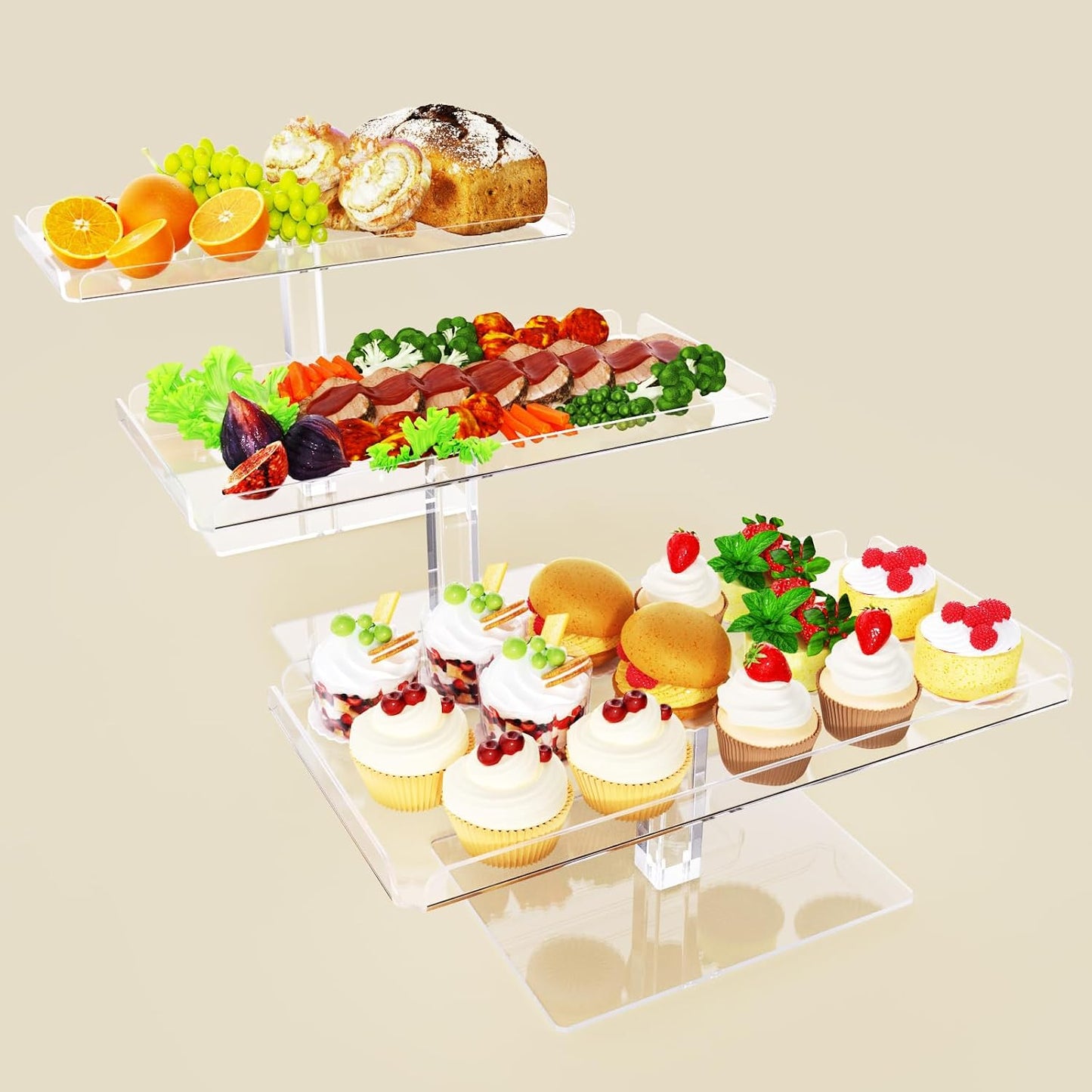 Bakzon 3 Piece Cupcake Stand, Acrylic Dessert Table Display Set, Clear Square Serving Trays for Birthday, Wedding, Baby Shower