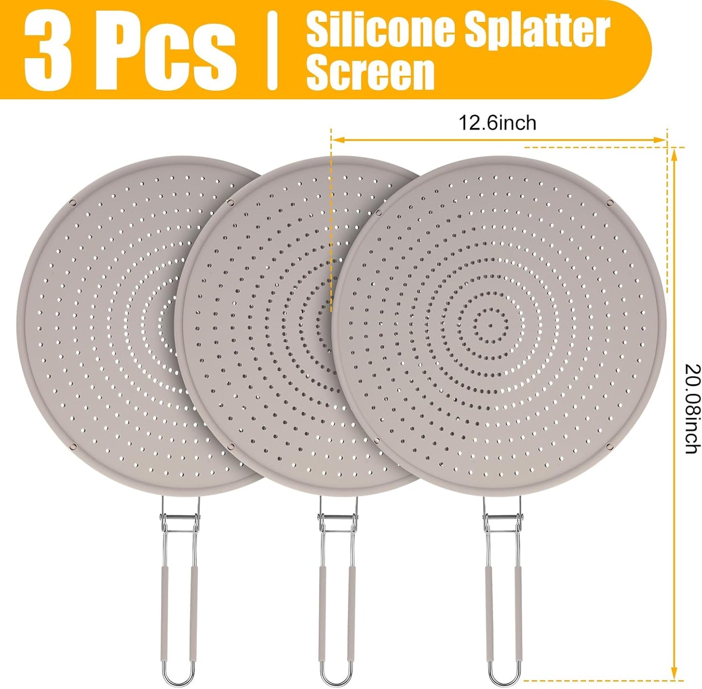 Tioncy 3 Pcs 12.6 Inch Silicone Splatter Screen for Frying Pan Grease Splatter Collapsible Guard Heat Resistant Multi Use for Baking and Cooking(Black)