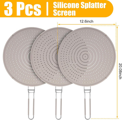 Tioncy 3 Pcs 12.6 Inch Silicone Splatter Screen for Frying Pan Grease Splatter Collapsible Guard Heat Resistant Multi Use for Baking and Cooking(Black)