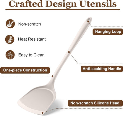 LIANYU Non-Toxic Silicone Kitchen Utensils Set, 8 Piece Non-Scratch Cooking Spoons & Spatulas, Stainless Steel Core, Heat Resistant & Dishwasher Safe, Khaki