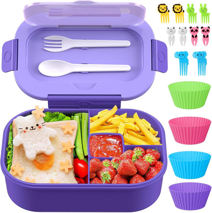 Lunch Box Kid Adult Bento Box, 4-Compartment Food Lunch Containers with Fork & Spoon, BPA Free, Leak-Proof Bento-Style Lunch Box for Work School, Microwave & Dishwasher Safe (Candy)