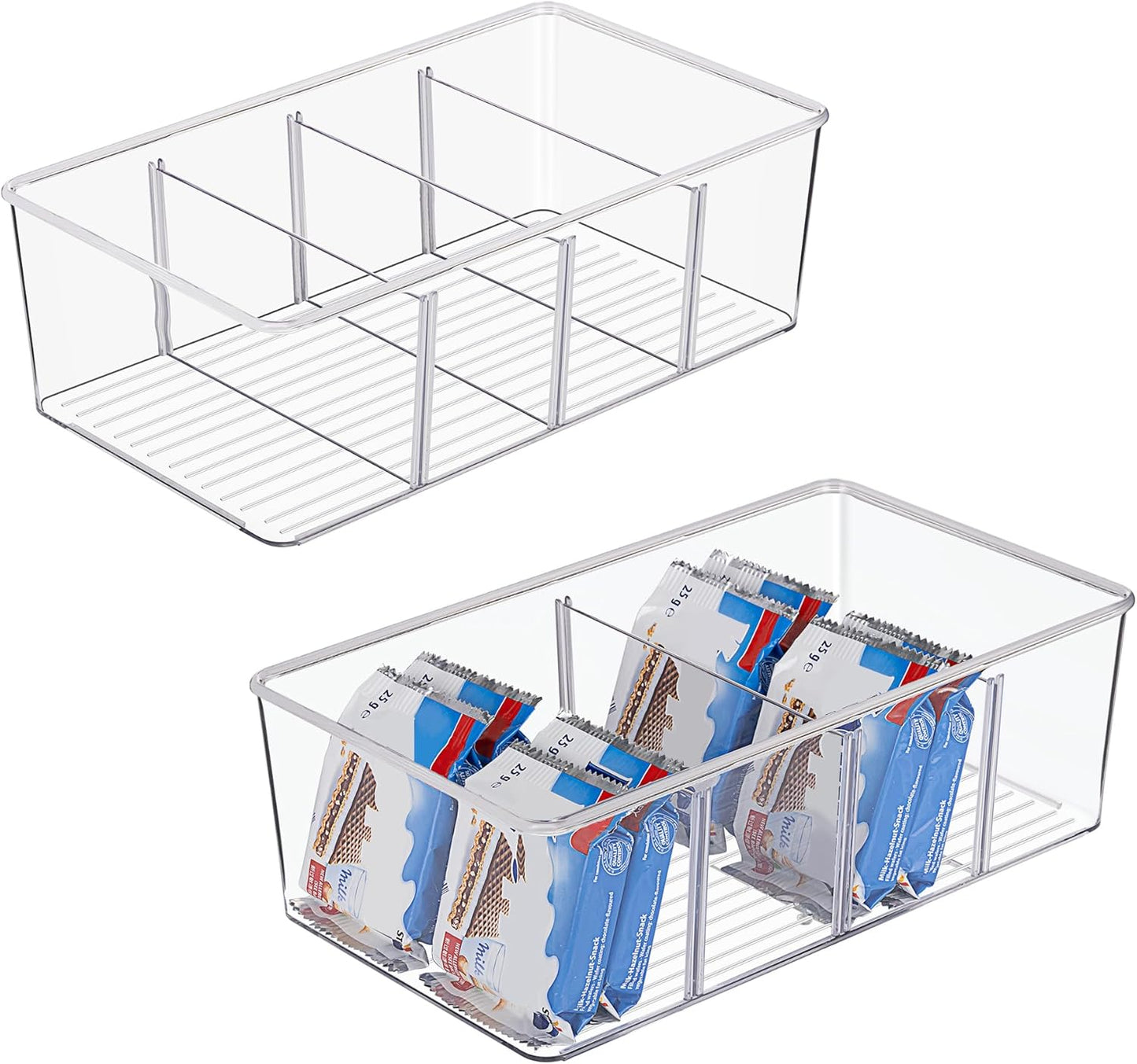 Vtopmart 6 Pack Food Storage Organizer Bins, Clear Plastic Bins for Pantry, Kitchen, Fridge, Cabinet Organization and Storage, 4 Compartment Holder Packets, Snacks, Pouches, Spice Packets