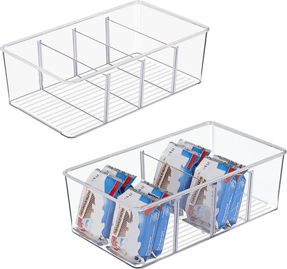 Vtopmart 6 Pack Food Storage Organizer Bins, Clear Plastic Bins for Pantry, Kitchen, Fridge, Cabinet Organization and Storage, 4 Compartment Holder Packets, Snacks, Pouches, Spice Packets