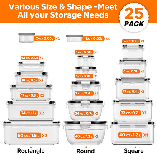 50 PCS Food Storage Containers with Lids (25 Containers & 25 Lids) - Reusable Plastic Food Containers for Kitchen Storage and Organization BPA-Free Leakproof Meal Prep Container with Labels & Pen