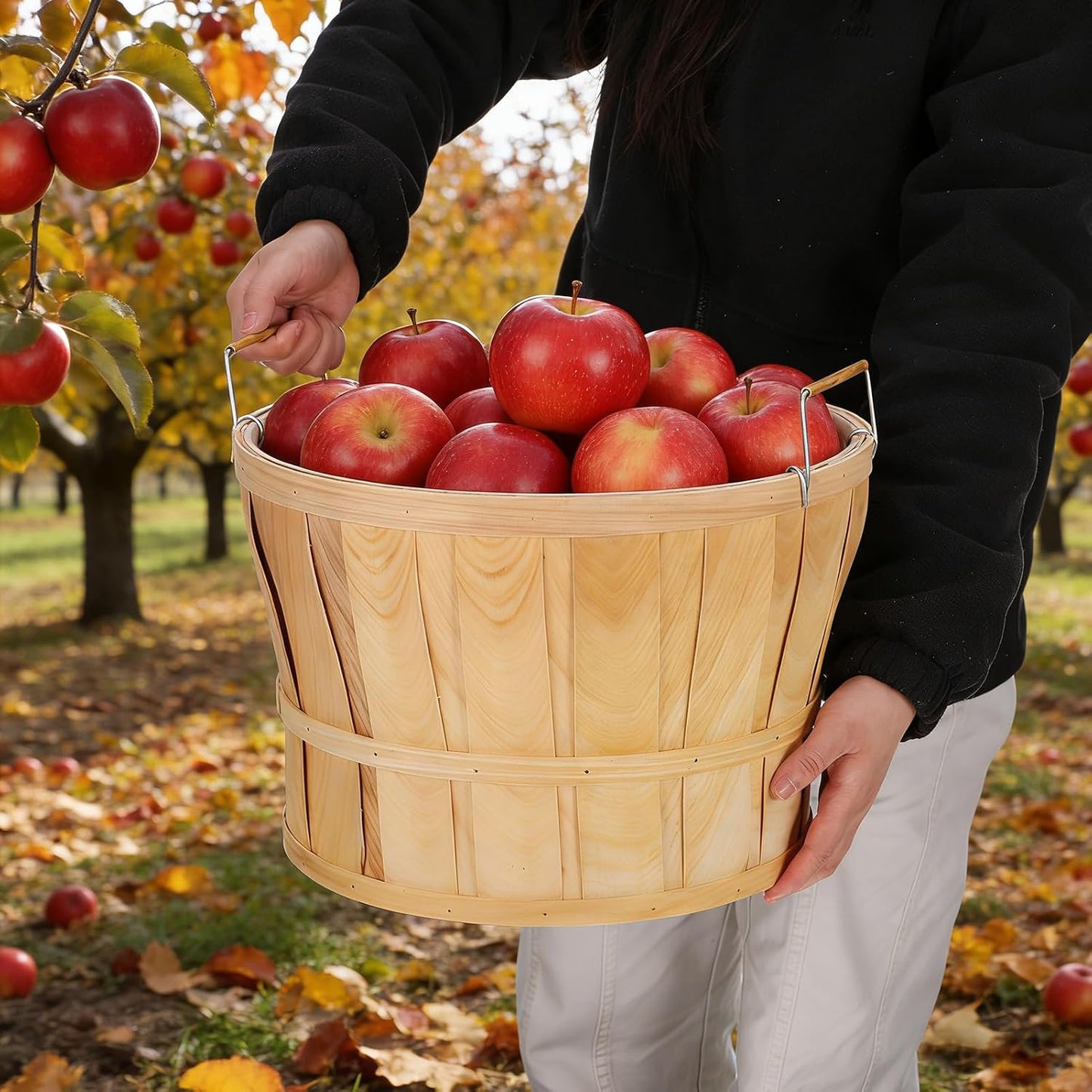 5 Pack Jumbo Half Bushel Baskets 14 x 9.5 Inch, Large Natural Wooden Harvest Apple Baskets with Handles for Harvest Fruit Plants, Farmers Market, Produce, and Home Storage Use