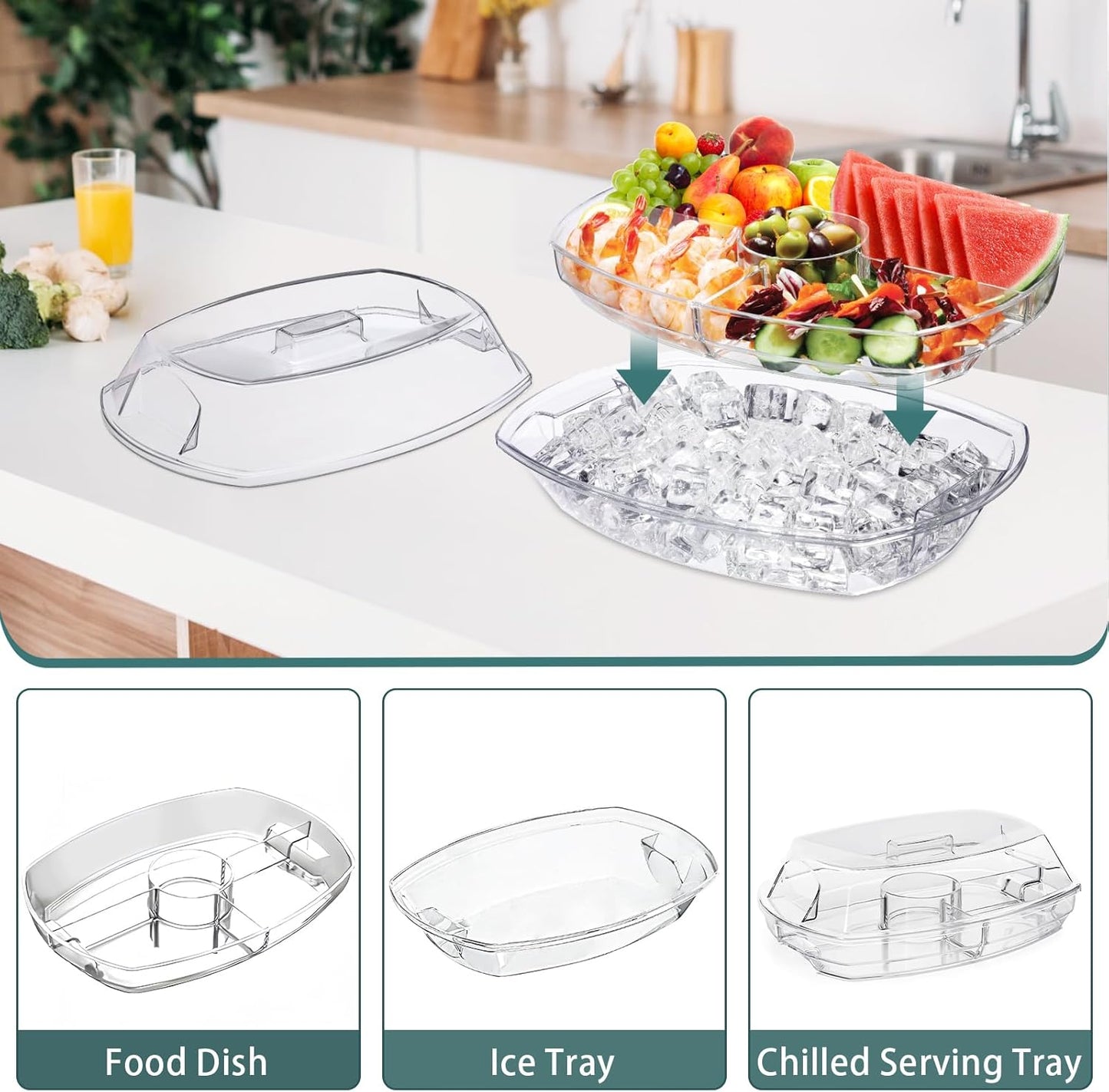 Chilled Serving Platters,Chilled Veggie Tray with Lid,Ice Serving Platters and Trays Cold Travel,Fruit Ice Serving Tray,Appetizer Fruit Snack Tray Keeps Food Cool