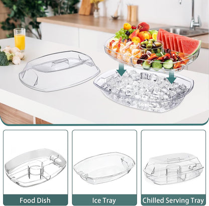 Chilled Serving Platters,Chilled Veggie Tray with Lid,Ice Serving Platters and Trays Cold Travel,Fruit Ice Serving Tray,Appetizer Fruit Snack Tray Keeps Food Cool