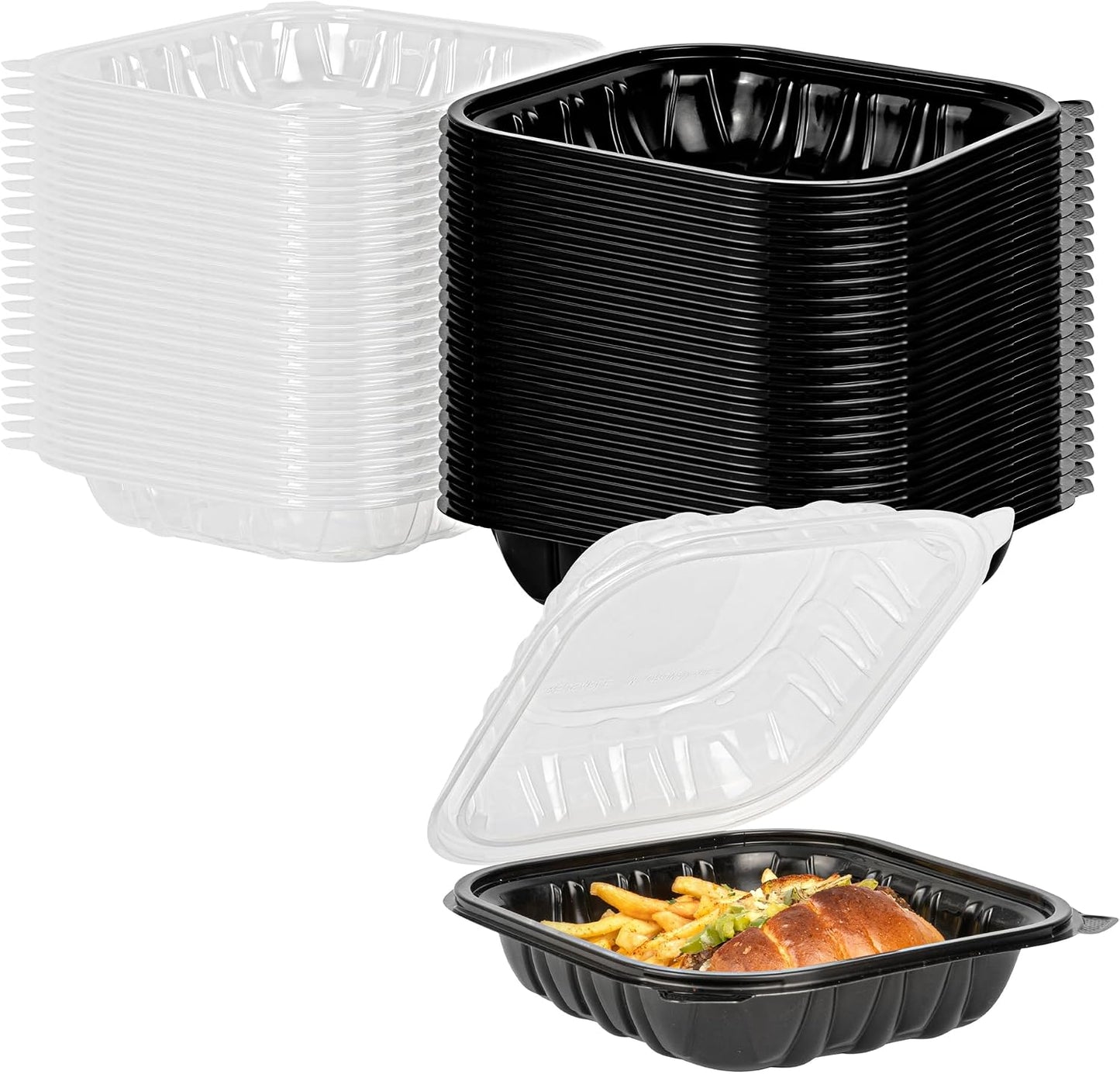 Thermo Tek 40 Ounce Clamshell Containers, 50 Disposable Take Out Boxes - 3 Compartments, Ventilated Lids, Black Plastic Meal Prep Containers, Microwavable, For Pasta Or Salads - Restaurantware