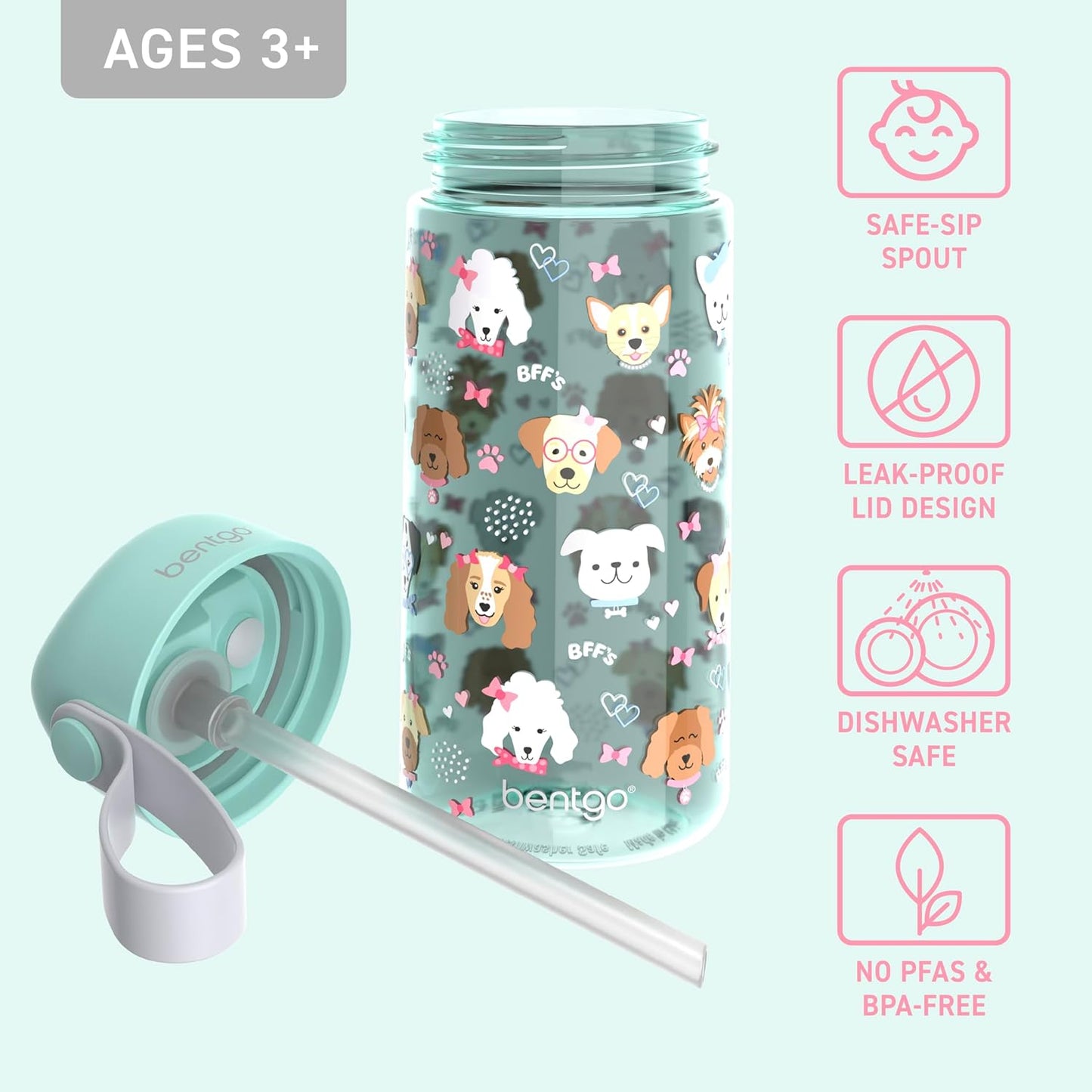 Bentgo Kids Water Bottle - Leak-Proof, Durable Tritan PFAS- & BPA-Free 15 fl oz, Kids/Toddlers Ages 3+ for School & Sports; Bite & Sip Spout, Carrying Handle, Dishwasher Safe (Unicorn)