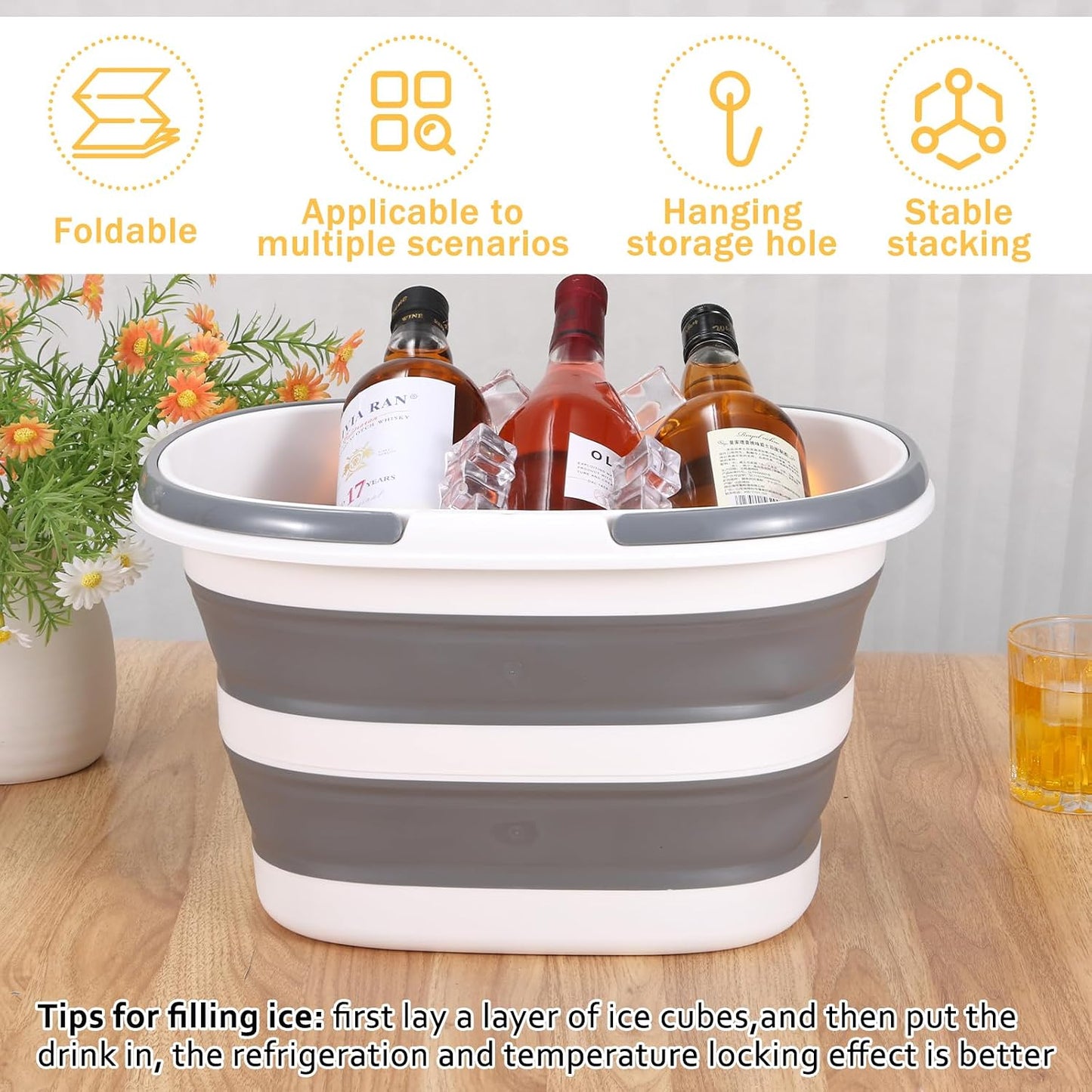 2Pcs Foldable Ice Bucket 3 Gallon Large Drink Buckets for Parties Portable Collapsible Beverage Tub with 2 Scoops for Champagne Cocktails Wine Fruit Cooling for Mimosa Bar Supplies