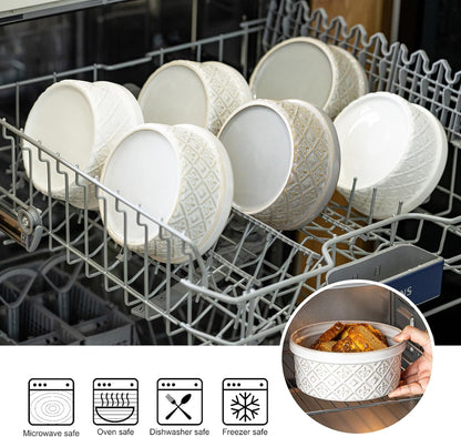 Airtight Food Storage Containers with Lids Mixing Bowls Set, Ceramic Serving Bowls with Lids Set of 4, 12/16/28/40 oz Stackable Nesting Salad Bowls for Cooking, Baking, Ramen - Beige