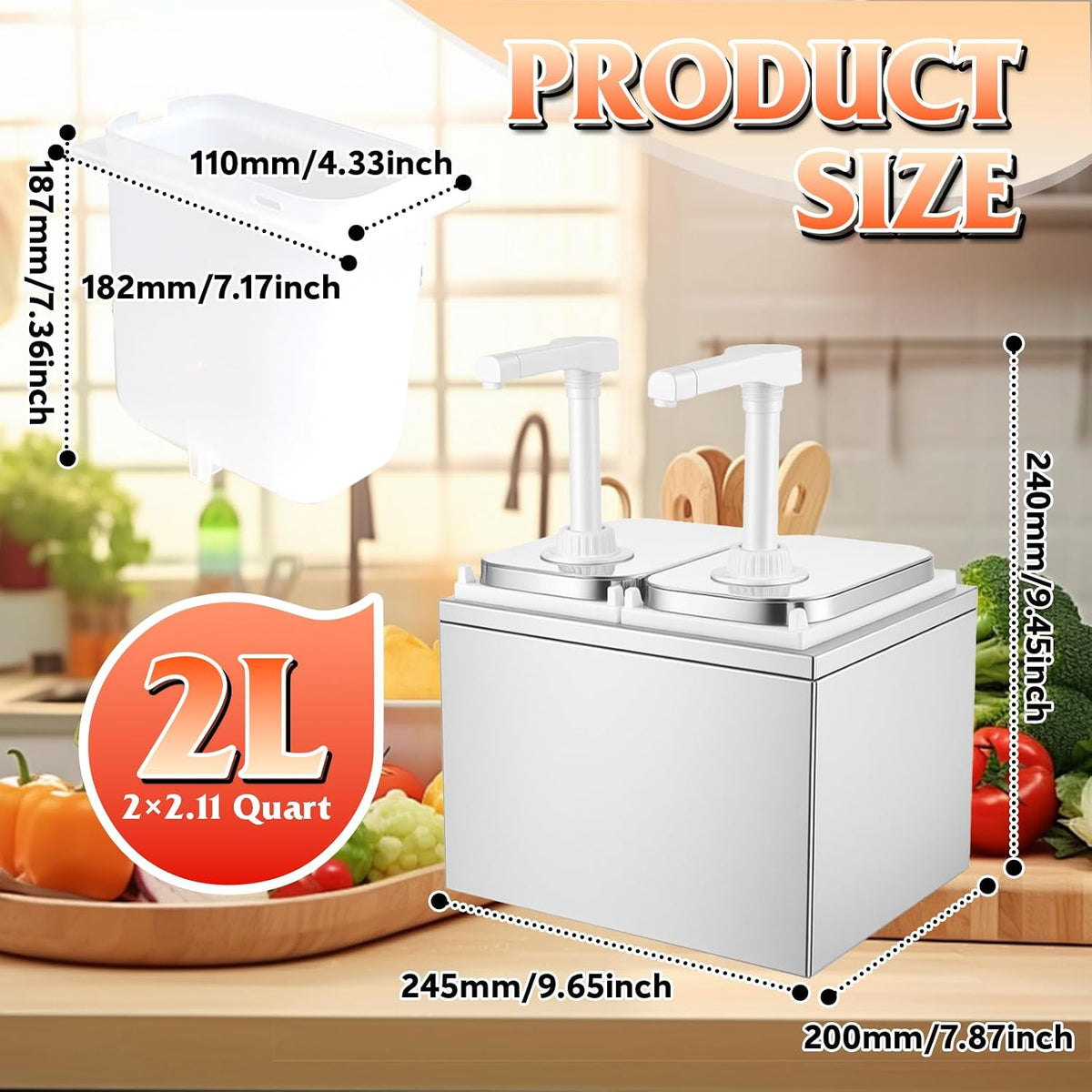 Stainless Steel One-Piece Sauce Pump Dispenser, 1L/2L Condiment Pump with Easy-Press Spring & 360° Nozzle, Detachable Easy Refill Clean, for Kitchen Food Truck Restaurant (1 Pump Head, 1L/EACH)