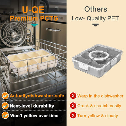 U-QE Dishwasher Safe Snackle Box Container with 8 Small Snacks Box - Premium Ivory Plastic Divided Serving Tray with Lid and Handle for Snack, Veggie, Fruits, Perfect for Party, Picnic, Entertaining