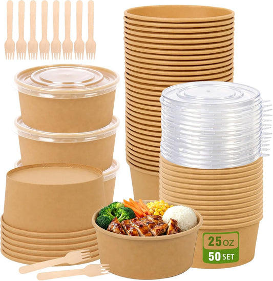 50 Pcs 25 oz Large Paper Bowls with Lids, Disposable Meal Prep Containers, Disposable Soup Bowls for Hot/Cold, Microwavable and Freezer Storage Use Cardboard Food Containers