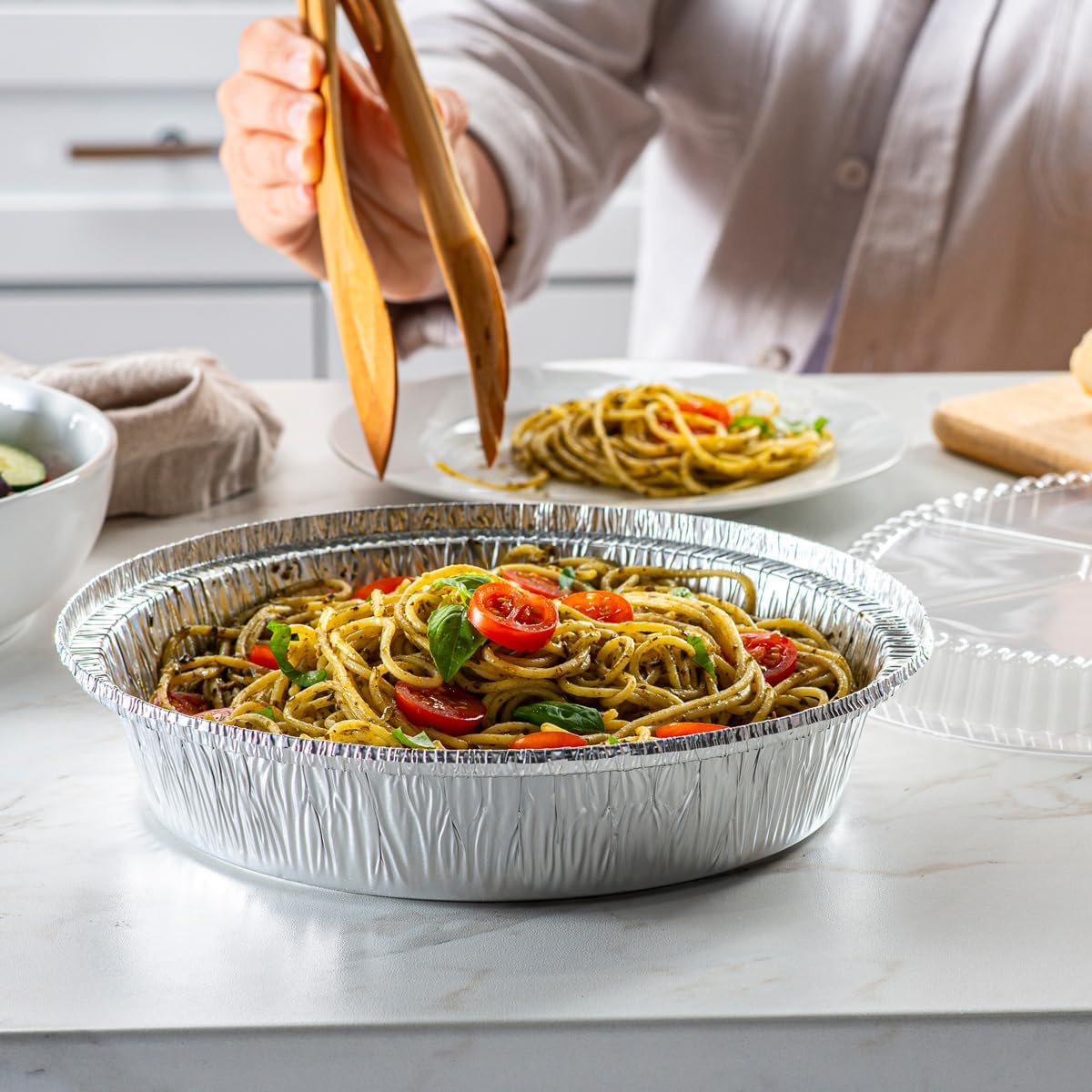 GUSTO [1 lb - 50 Count Disposable Aluminum Foil Pans with Clear Dome Lids, 5x4 Takeout Pans – Great for Baking, Cooking, Storage, and Freezing (Formerly Comfy Package)