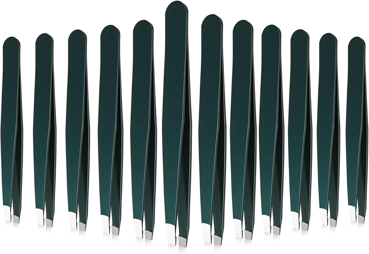 Mudder 12 Pcs Eyebrow Tweezers Set for Facial Hair Stainless Steel Slanted Tip Tweezers in Bulk for Men and Women(Silver)