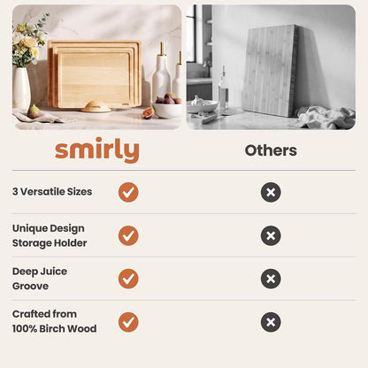 SMIRLY Walnut Cutting Board for Kitchen - Wood Cutting Boards with Handle and Juice Groove for Meal Prep, Serving, Charcuterie - Kitchen Gadgets - Non Toxic Wooden Chopping Board Set of 3 with Holder