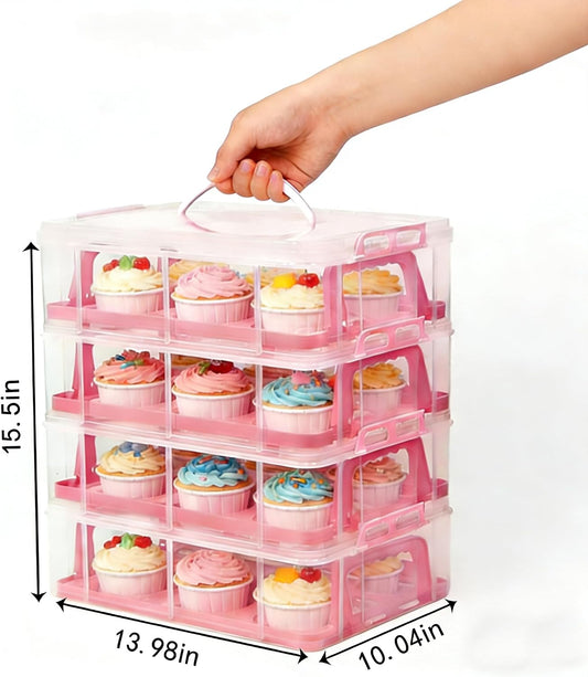 Cupcake Carrier Stackable Storage Container Collapsible Cake Carrier with Lid and Handle, with 50 PCS Cupcake liners,Reusable Plastic Dessert Travel Container,Transport Box (48 Cupcakes White)