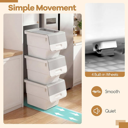 Giantex Plastic Stackable Storage Bins with Lids & Wheels, 3 Pack Open Front Stacking Bins, Organizer Bins for Pantry, Kitchen, Laundry, Closet, Playroom, Bedroom Organization (12.5 QT)