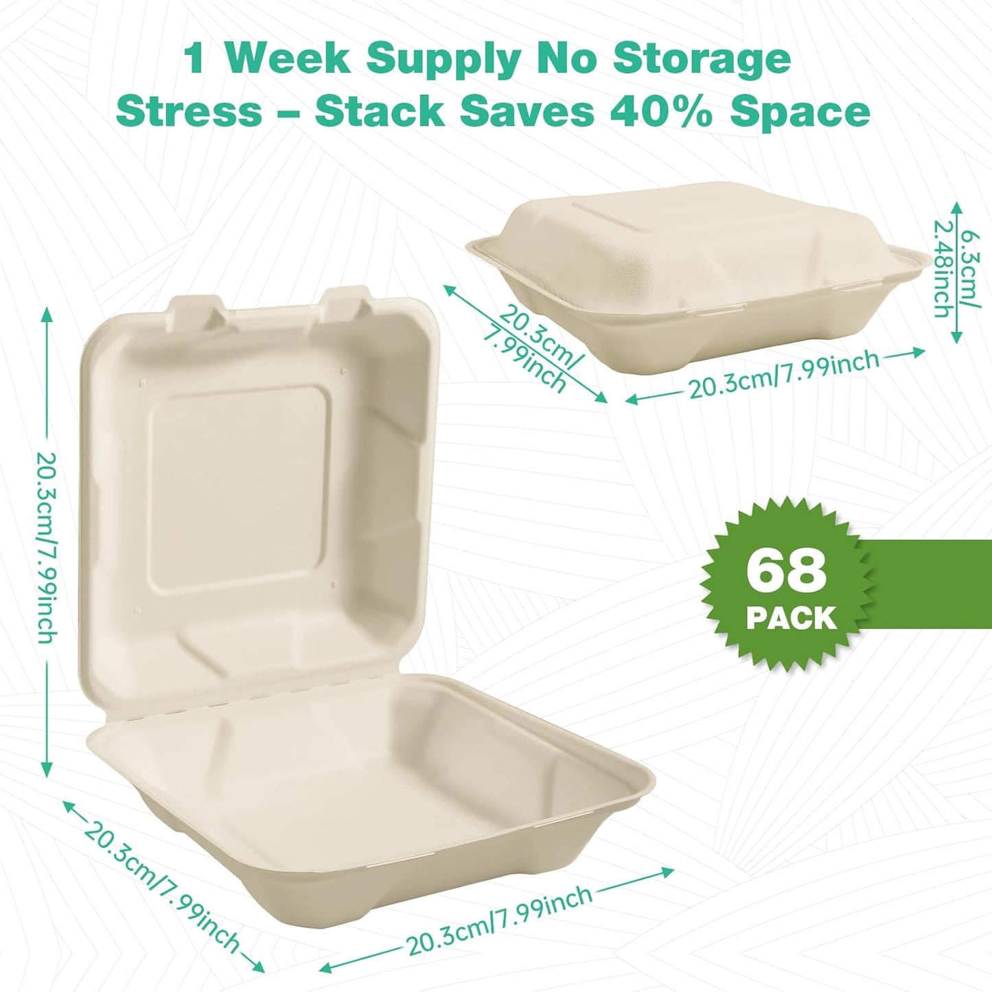 𝟴𝘅𝟴", 𝟲𝟴-𝗣𝗮𝗰𝗸 3-Compartment Clamshell Takeout Containers, 100% Compostable Heavy-Duty Disposable Paper Lunch Boxes(White)