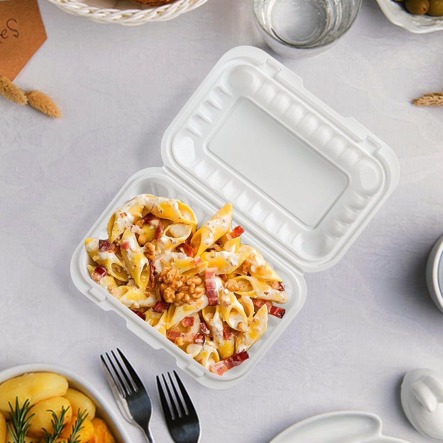 Food Containers 7.8" 30 oz 65 Pack - BPA Free Mineral Filled PP Plastic | 3 Compartment Shrink Wrap Clamshell Stackable | Reusable Freezer & Microwave Safe | White Commercial Takeout Boxes