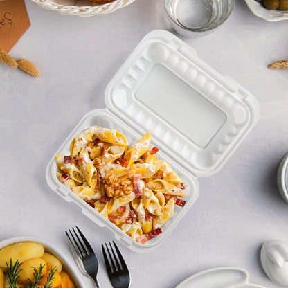 Food Containers 7.8" 30 oz 65 Pack - BPA Free Mineral Filled PP Plastic | 3 Compartment Shrink Wrap Clamshell Stackable | Reusable Freezer & Microwave Safe | White Commercial Takeout Boxes