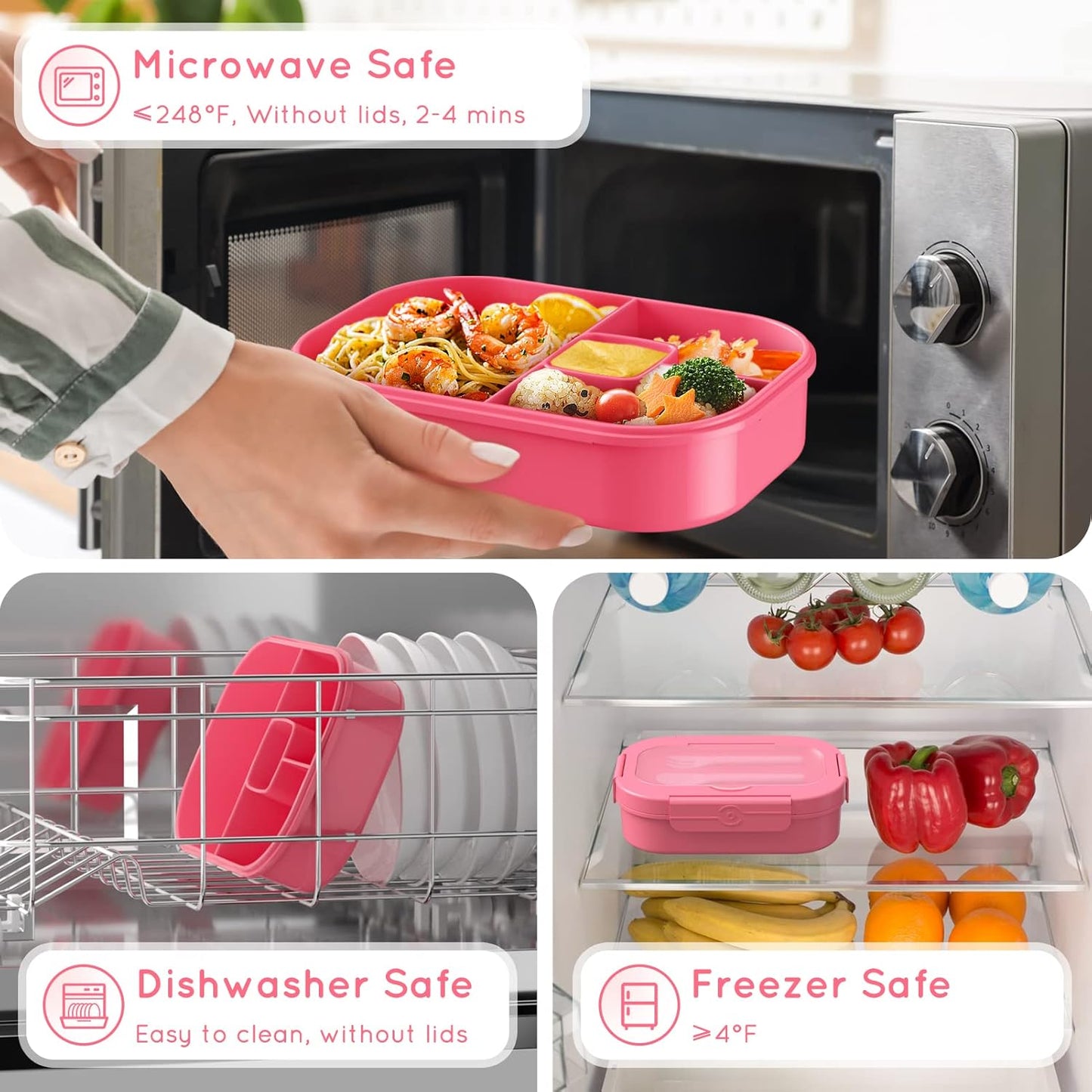 Lunch Box Kid Adult Bento Box, 4-Compartment Food Lunch Containers with Fork & Spoon, BPA Free, Leak-Proof Bento-Style Lunch Box for Work School, Microwave & Dishwasher Safe (Candy)