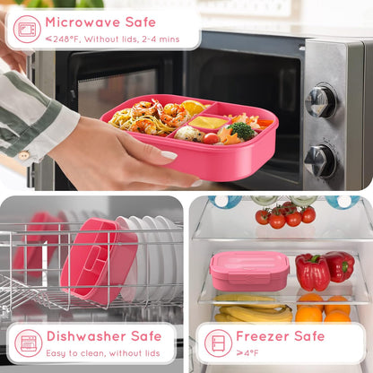 Lunch Box Kid Adult Bento Box, 4-Compartment Food Lunch Containers with Fork & Spoon, BPA Free, Leak-Proof Bento-Style Lunch Box for Work School, Microwave & Dishwasher Safe (Candy)