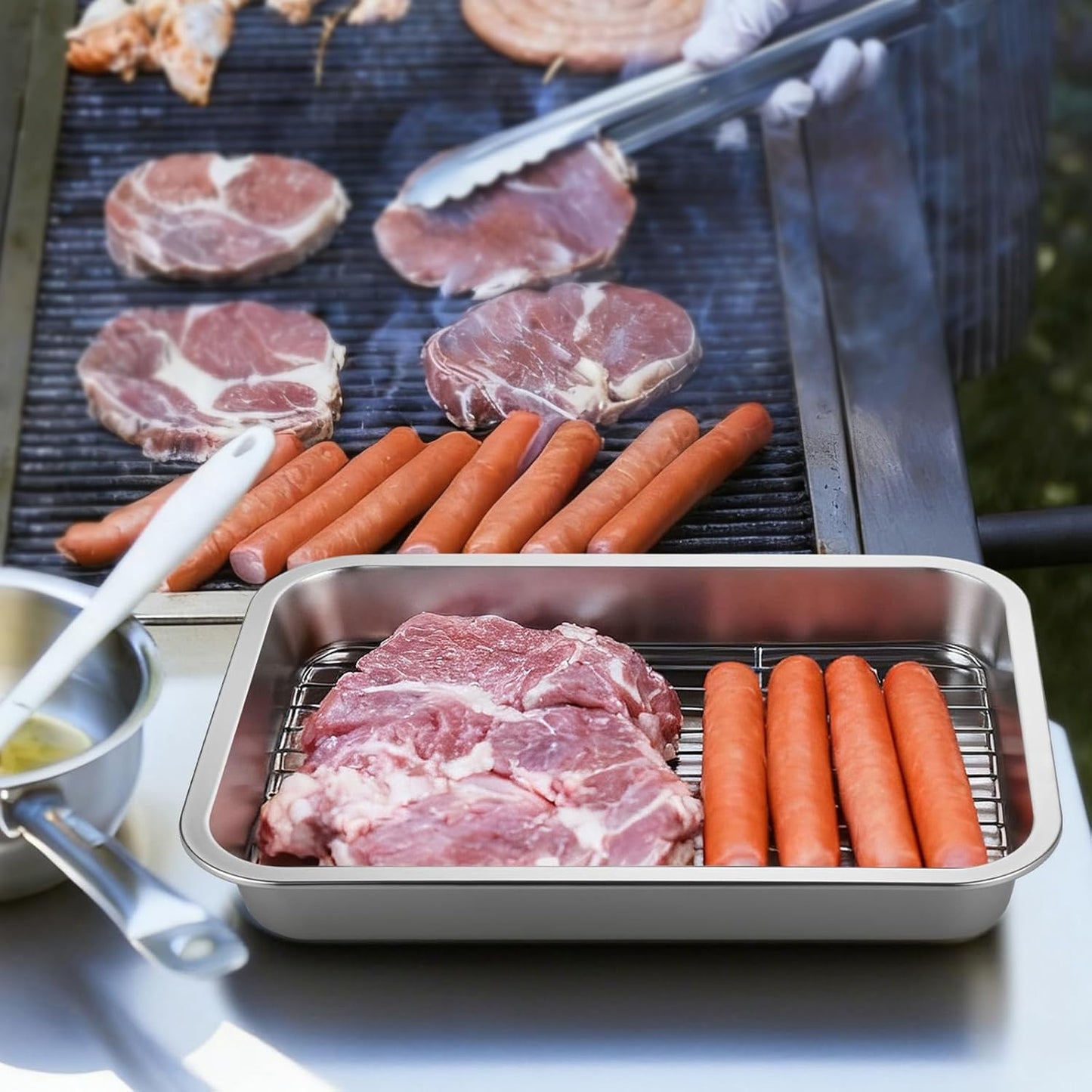 GOLDEN KEY Grilling Prep and Serve Tays,Stainless Steel Grill Carry System,5 Pcs Grill Prep Trays Set for Outdoor Picnic, Heat Resistant, Stackable, Includes Marinade Container & Cutting Board