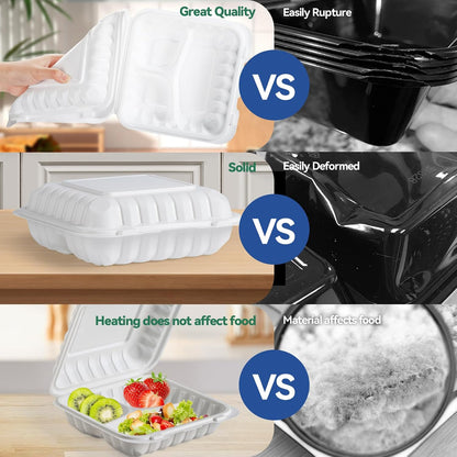 Food Containers 7.8" 30 oz 65 Pack - BPA Free Mineral Filled PP Plastic | 3 Compartment Shrink Wrap Clamshell Stackable | Reusable Freezer & Microwave Safe | White Commercial Takeout Boxes