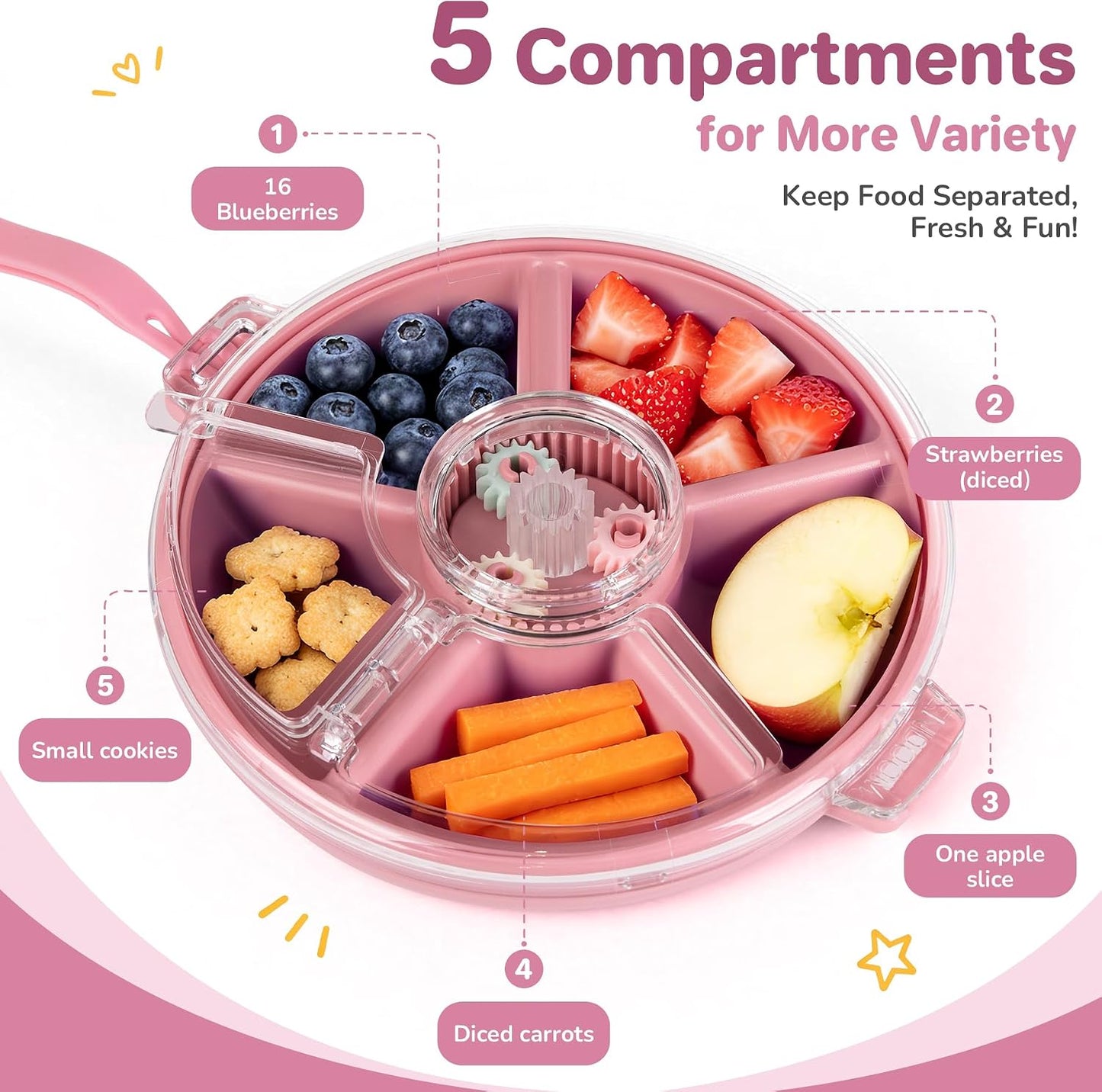 Kids Divided Snack Box with Hand Strap, Reusable 5-Compartment Kids Snack Container, BPA-Free Portable Candy & Nut Serving Platter for Travel, Parties, Picnics(Grey)