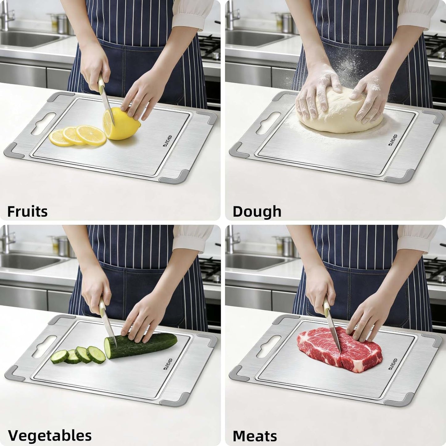 3PCS Titanium Cutting Boards for Kitchen- Food Grade Double Sided Chopping Board with Juice Groove, Removable Anti-Slip Corners, Dishwasher Safe for Meat/Fruits/Vegetables, Grey