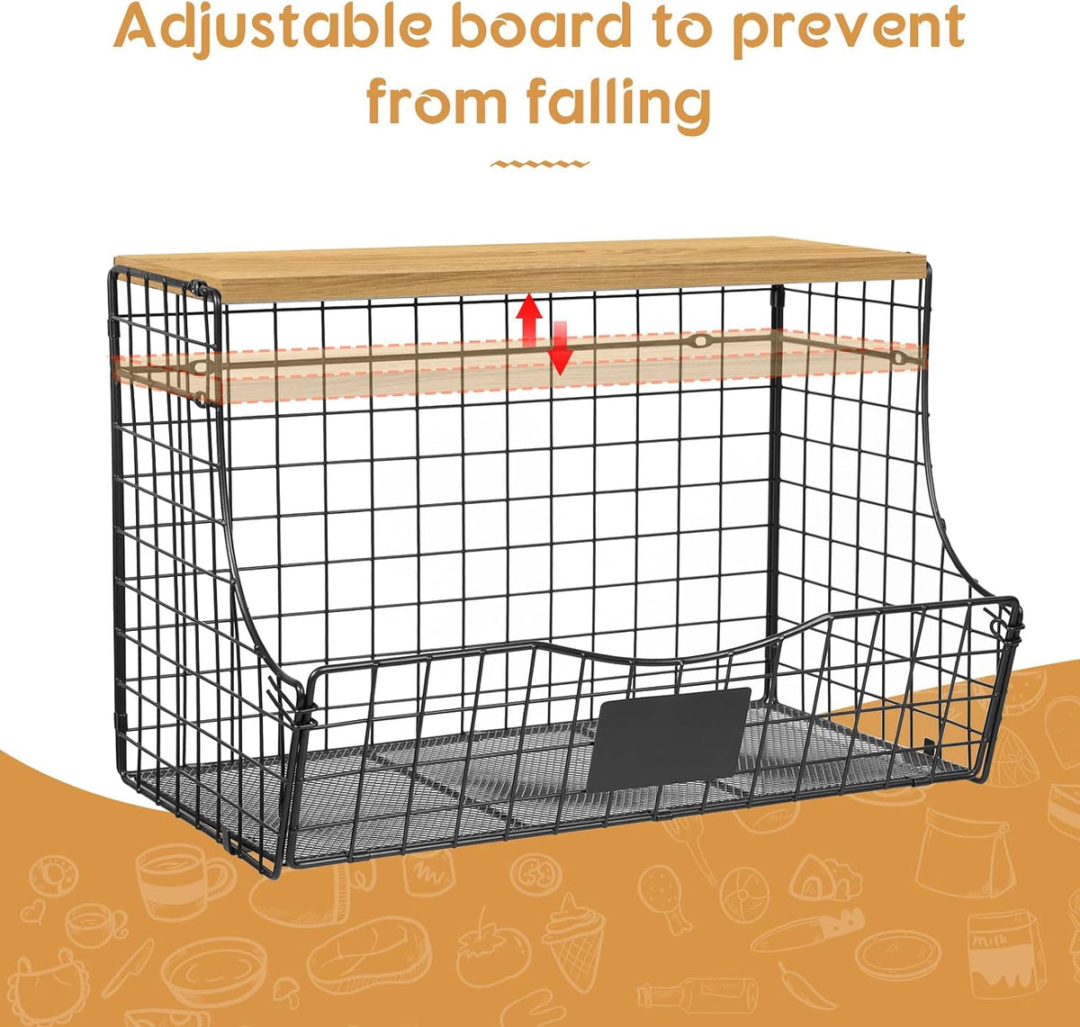 3 Pack Extra Large Fruit Basket for Kitchen with Wood Lid Nameplate - Counter&Wall Mounted Onion and Potato Storage Bin, Stackable Metal Hanging Wire Baskets,15.74 * 8.66 * 10.63 inch
