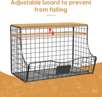 3 Pack Extra Large Fruit Basket for Kitchen with Wood Lid Nameplate - Counter&Wall Mounted Onion and Potato Storage Bin, Stackable Metal Hanging Wire Baskets,15.74 * 8.66 * 10.63 inch