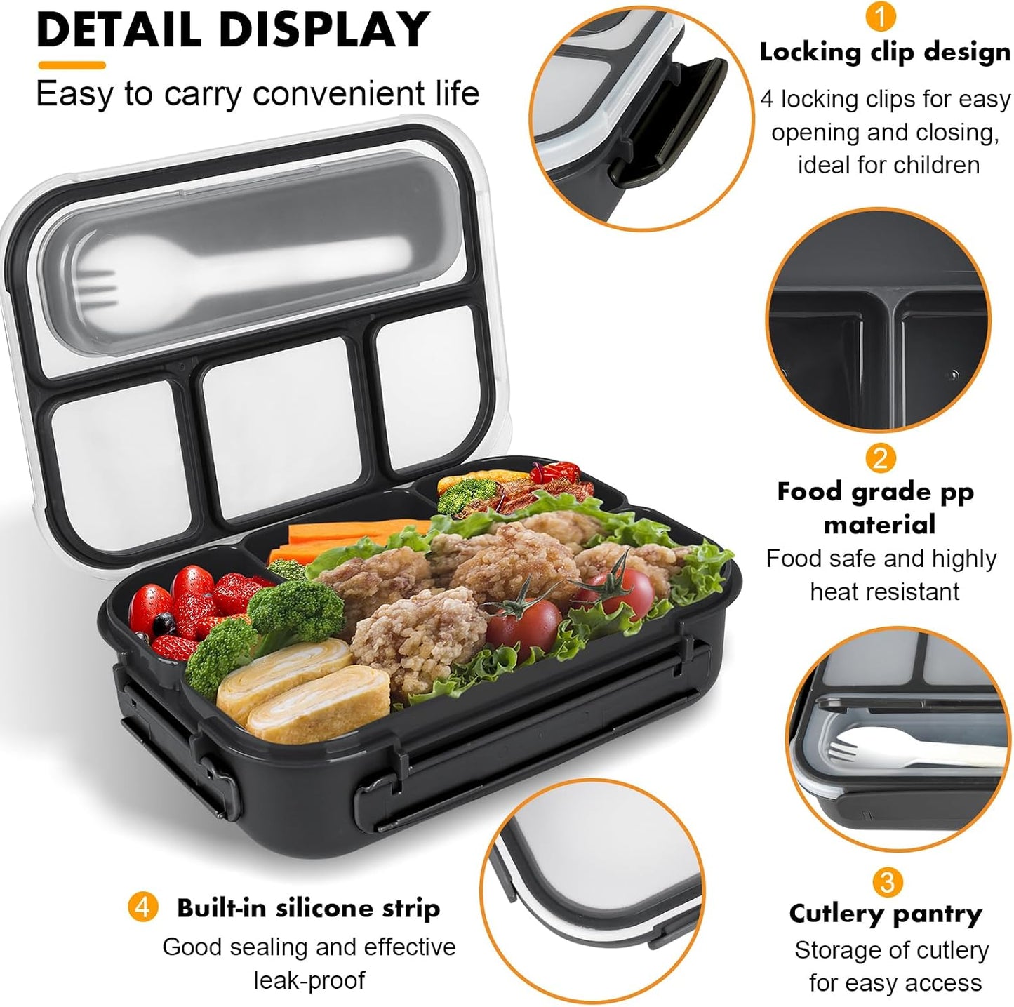 Yumuk Bento Box Adult, Lunch Box Containers for Adults Men Women, 5 Cup Bento with 4 Compartments &Spork &Sauce Box, Leak-Proof, Microwave/Dishwasher Safe(Beige)