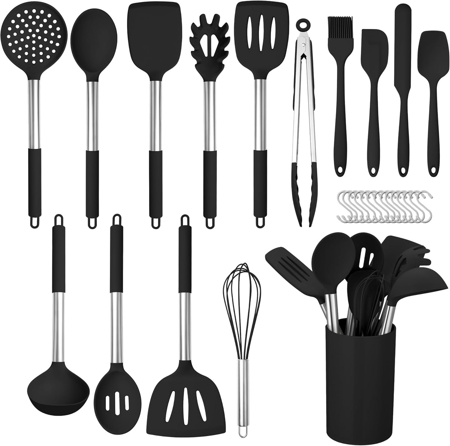 HaWare 29 PCS Silicone Cooking Utensils Set, Heat Resistant Kitchen Utensils Set with Stainless Steel Handle, Spatula Sets with Holder and Hooks, Kitchen Tools Gadgets for Nonstick Cookware -Khaki