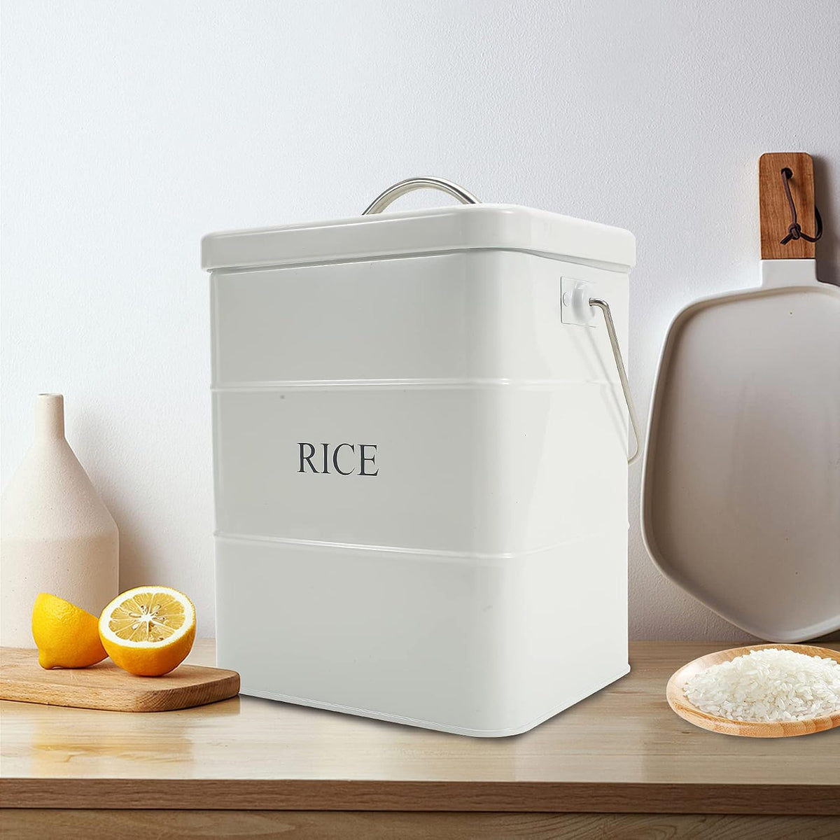 Metal Rice Storage Box, Square Rice Container with Lid and handle, Sealed Food Storage Bin for Kitchen, Countertop Organizer Jar for Rice Flour Soybean Grain Cereal-White