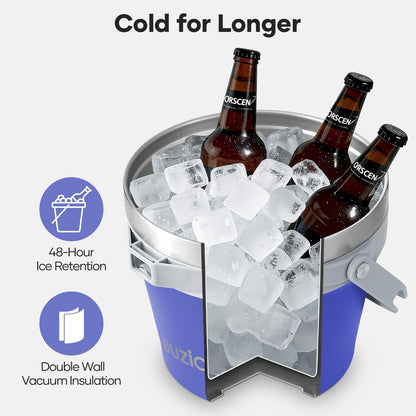 BUZIO 7.4 Qt/7 L Insulated Ice Bucket with Lid, Scoop, Tongs & Metal Cups, Double Wall Vacuum Stainless Steel Beer Bucket, Holds 6 Longnecks/3 Wine Bottles, for Parties Bar, Black