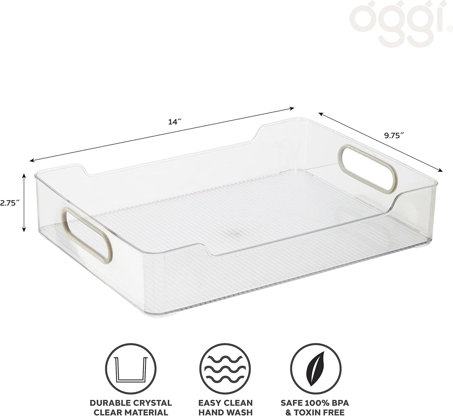 Oggi Cabinet/Drawer Storage Bin - 14" x 5" (Set of 6), Clear/Gray, Ideal for Kitchen Organization, Pantry Storage, Fridge Organizing